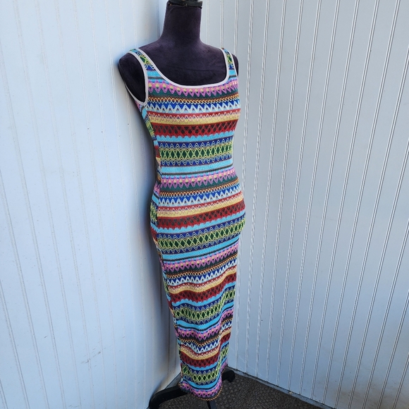 Gorgeous Striped Knit Zig Zag Women Multi Color Casual Dress Midi Slit Stretch S - Picture 2 of 14